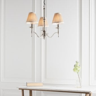 Stanford Three Light Pendant In Polished Nickel With Beige Fabric Shades