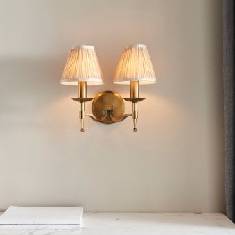 Stanford Twin Wall Light In Antique Brass With Beige Fabric Shade