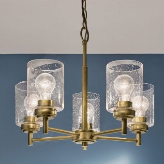 Winslow Five Arm Single Drop Pendant in Natural Brass with Clear Seeded Glass