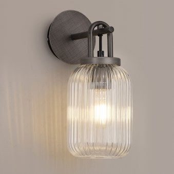 Atherington Wall Light in Aged Pewter with Clear Ribbed Glass Shade
