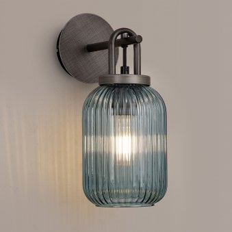 Atherington Wall Light in Aged Pewter with Petrol Blue Ribbed Glass Shade