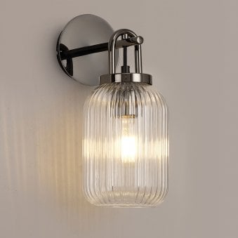 Atherington Wall Light in Black Chrome with Clear Ribbed Glass Shade