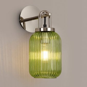 Atherington Wall Light in Polished Nickel with Green Ribbed Glass Shade