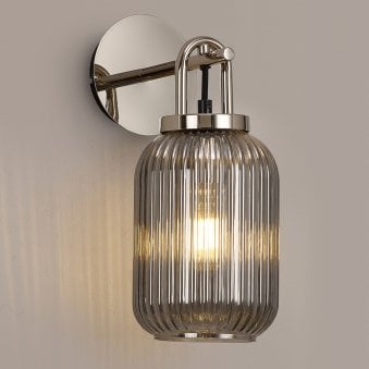 Atherington Wall Light in Polished Nickel with Smoked Ribbed Glass Shade