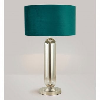 Hamble Tubular Table Lamp in Polished Nickel with Smoke Fade Glass and Teal Velvet Shade