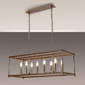 Huntshaw Eight Light Linear Pendant in Walnut & Polished Nickel