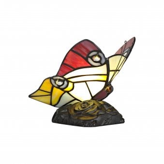 Motcoombe Tiffany Butterfly E14 Table Lamp in Red Yellow and Blue Glass With Clear Crystal