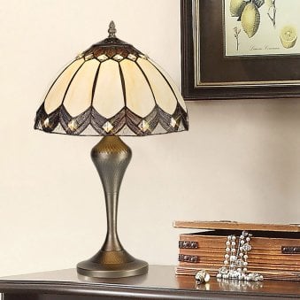 Rewe Tiffany E27 Table Lamp in Aged Antique Brass Base with Tiffany Shade