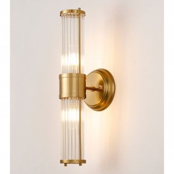 Tansley E14 IP44 Up & Down Wall Light in Gold with Clear Glass Rods