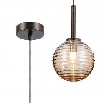 Tenterden Single Drop Pendant in Bronze with Ribbed Round Amber Glass Diffuser