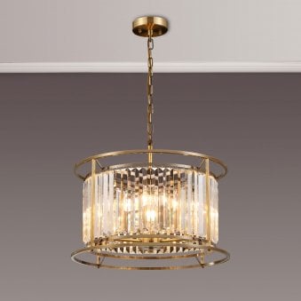Torrington 6 Lamp 500mm Pendant in Antique Brass with Clear Crystals