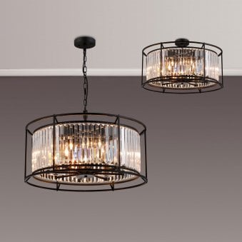 Torrington 8 Lamp 650mm Pendant in Satin Black with Clear Crystals