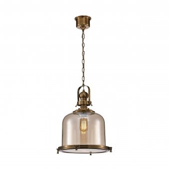 Large Vintage Pendant In Antique Brass With Amber Glass