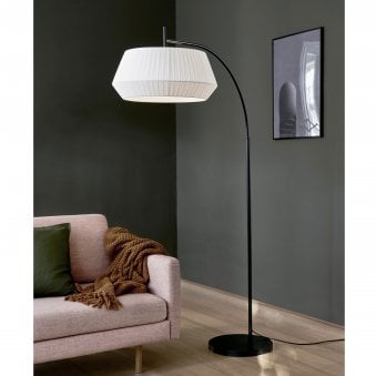 Dicte Floor Lamp in Black with White Pleated Cotton Shade