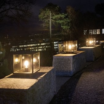 Lofoten Coastal Box Pedestal Lantern in Black with Clear Glass Panels