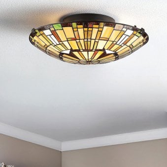 Tiffany Reed Flush Ceiling Light in Valiant Bronze and Art Glass Shade