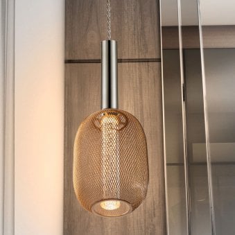 Micron Chrome LED Pendant With Light Gold Mesh Shade