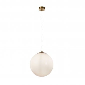 Atom II Medium Pendant In Satin Brass With Opal Glass Shade