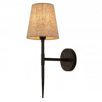 Gothic Hammered Black Metal Wall Light With Natural Linen Shade