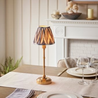 Burley Rechargeable Table Lamp in Brushed Aged Brass with Zigzag 16cm Pearl Grey Shade