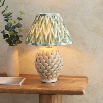 Layered Leaf Ceramic Table Lamp in Ivory Crackle Glaze with Zigzag Cotswold Green 30cm Shade