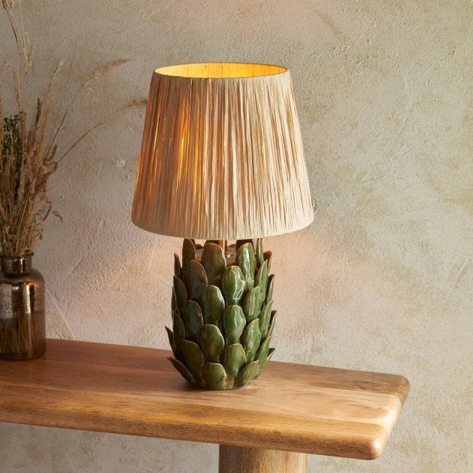 Timeless Traditions by Endon Timeless Traditions by Endon Layered Leaf Ceramic Table Lamp in Olive Green Glaze with Natural Raffia 32cm Shade