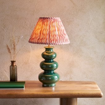 Monroe Ceramic Table Lamp in Gloss Green Glaze with Ripple 30cm Coral Pink Shade
