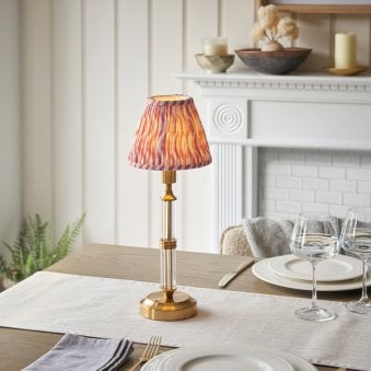 Morton Rechargeable Table Lamp in Brushed Aged Brass with Ripple 16cm Coral Pink Shade