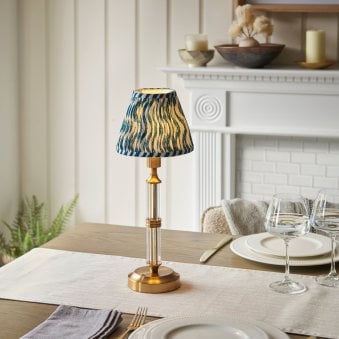 Morton Rechargeable Table Lamp in Brushed Aged Brass with Ripple 16cm Marlin Blue Shade