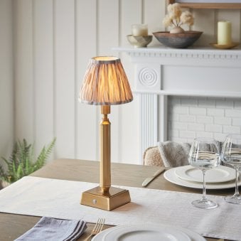 Trobridge Rechargeable Table Lamp in Brushed Aged Brass with Ikat 16cm Neutral Shade