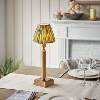 Trobridge Rechargeable Table Lamp in Brushed Aged Brass with Ikat 16cm Yellow & Jade Shade