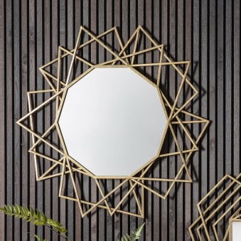 Bisham Aged Gold Finished Geometric Metal Frame Round Wall Mirror