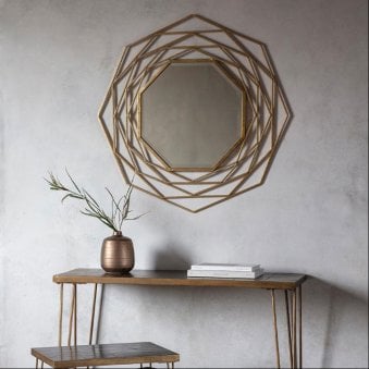 Bisham Satin Gold Finished Geometric Metal Frame Octagon Wall Mirror
