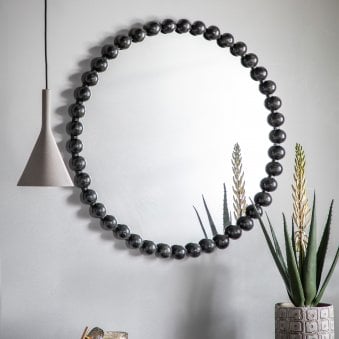 Chieveley Aged Black Finish Large Beading Design Metal Frame Round Wall Mirror