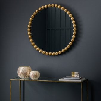 Chieveley Aged Gold Finish Large Beading Design Metal Frame Round Wall Mirror
