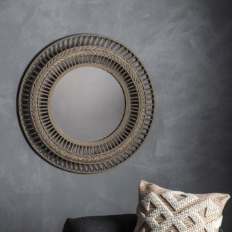 Grazeley Grey Stained Bamboo Framed Round Wall Mirror