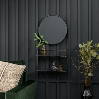 Oare Aged Black Round Wall Mirror with Two Shelves