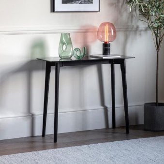 Stanford Black Stained Oak and Smoked Glass Top Console Table