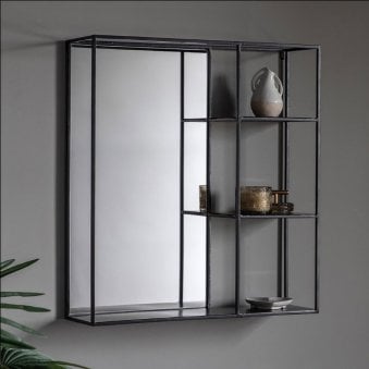 Sunninghill Matt Black Rectangular Portrait Wall Mirror with Three Shelves