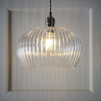 Hoburne Medium Pendant in Bright Nickel with Clear Ribbed Glass