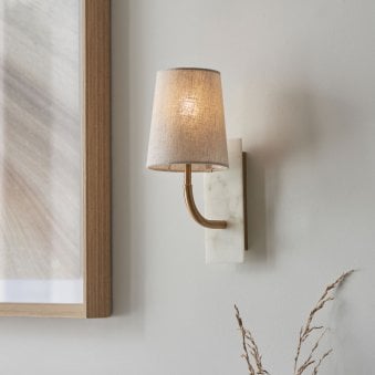 Meden Curve Wall Light in Vintage Brass & White Marble with Tapered Fabric Shade