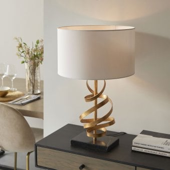 Rampisham Gold Ribbon Table Lamp with Ivory Cotton Shade