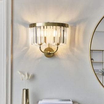 Yetminster Twin Lamp Wall Light in Antique Brass & Clear Cut Faceted Glass