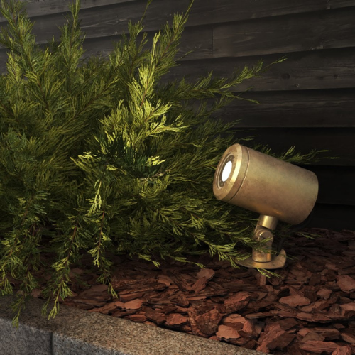 Gold spotlight positioned in greenery 